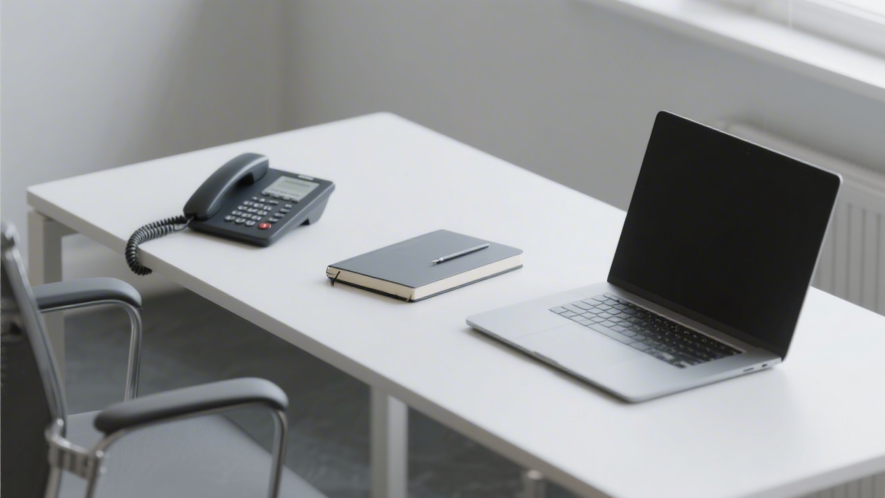 Minimalist office desk with a phone, notebook, and laptop, creating a professional atmosphere for business communication.