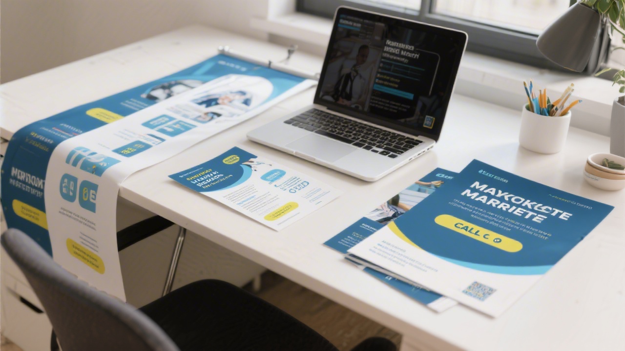 Printed marketing materials including flyers and banners on a desk with a laptop, showing professional layout and clear call to action design.