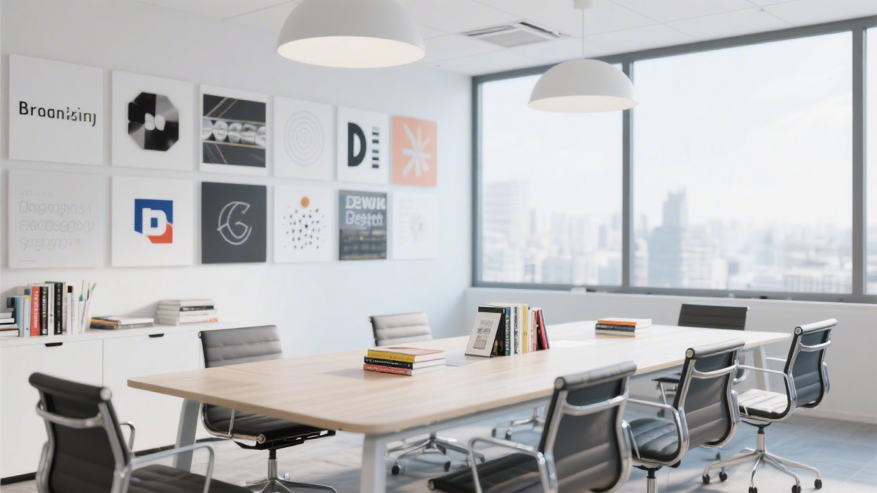 Bright modern office interior with a meeting table, design books, and a wall with visual references for branding projects.