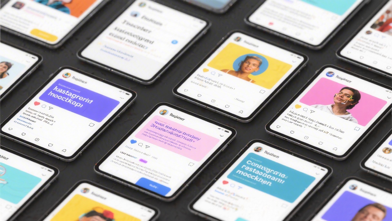 Series of social media post mockups on a tablet screen, showing consistent colors and typography, arranged in a clean grid layout.